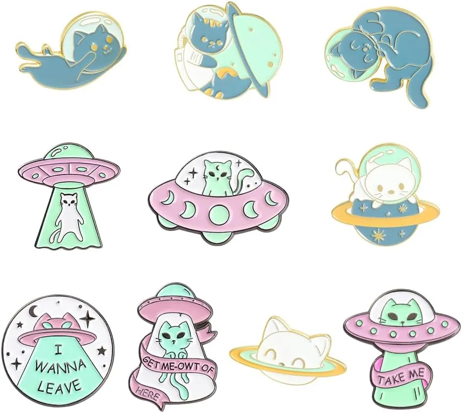 10Pcs Creative Cartoon Alien Cat DIY Metal Pin Badge Decorative Accessories For Clothes Backpack Hat Gift Accessories