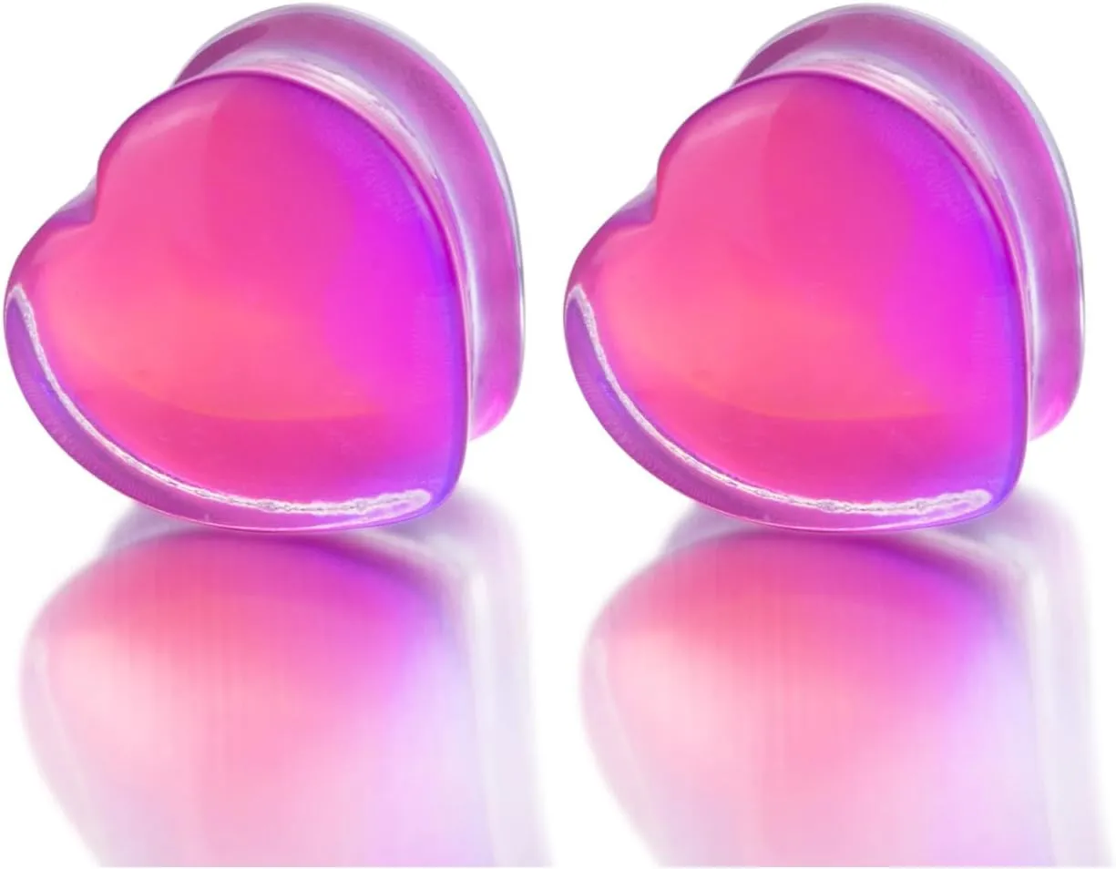 2PCS 6mm(2G) Purple Red Heart Glass Ear Plugs Double Flared Saddle Expander Stretcher Ears Gauge Piercing Body Jewelry for Women Men