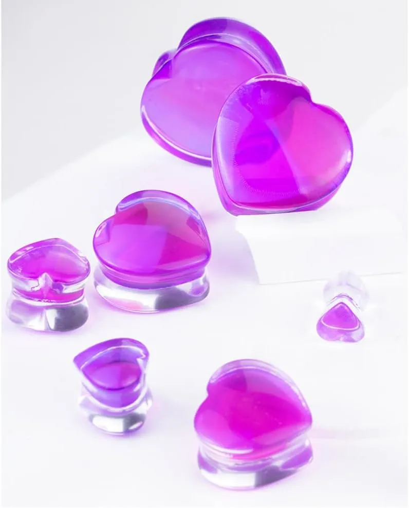 2PCS 6mm(2G) Purple Red Heart Glass Ear Plugs Double Flared Saddle Expander Stretcher Ears Gauge Piercing Body Jewelry for Women Men