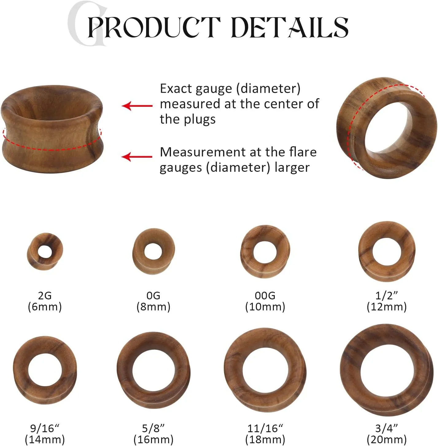 2PCS Natural Wooden Ear Gauges 2G-3/4 Tunnels Ear Wooden Expander Plugs Double Flared Hollow Earrings Lobe Body Piercing Jewelry for Women Men 6MM-20MM