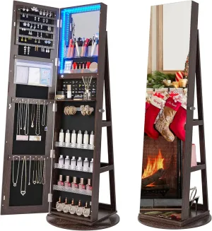 360 Rotating Jewelry Armoire with LED Lights, 63" H Full Length Mirror with Jewelry Storage, Standing Jewelry Cabinet with Door Mirror, Jewelry Organizers for Christmas Gift (Dark Brown)