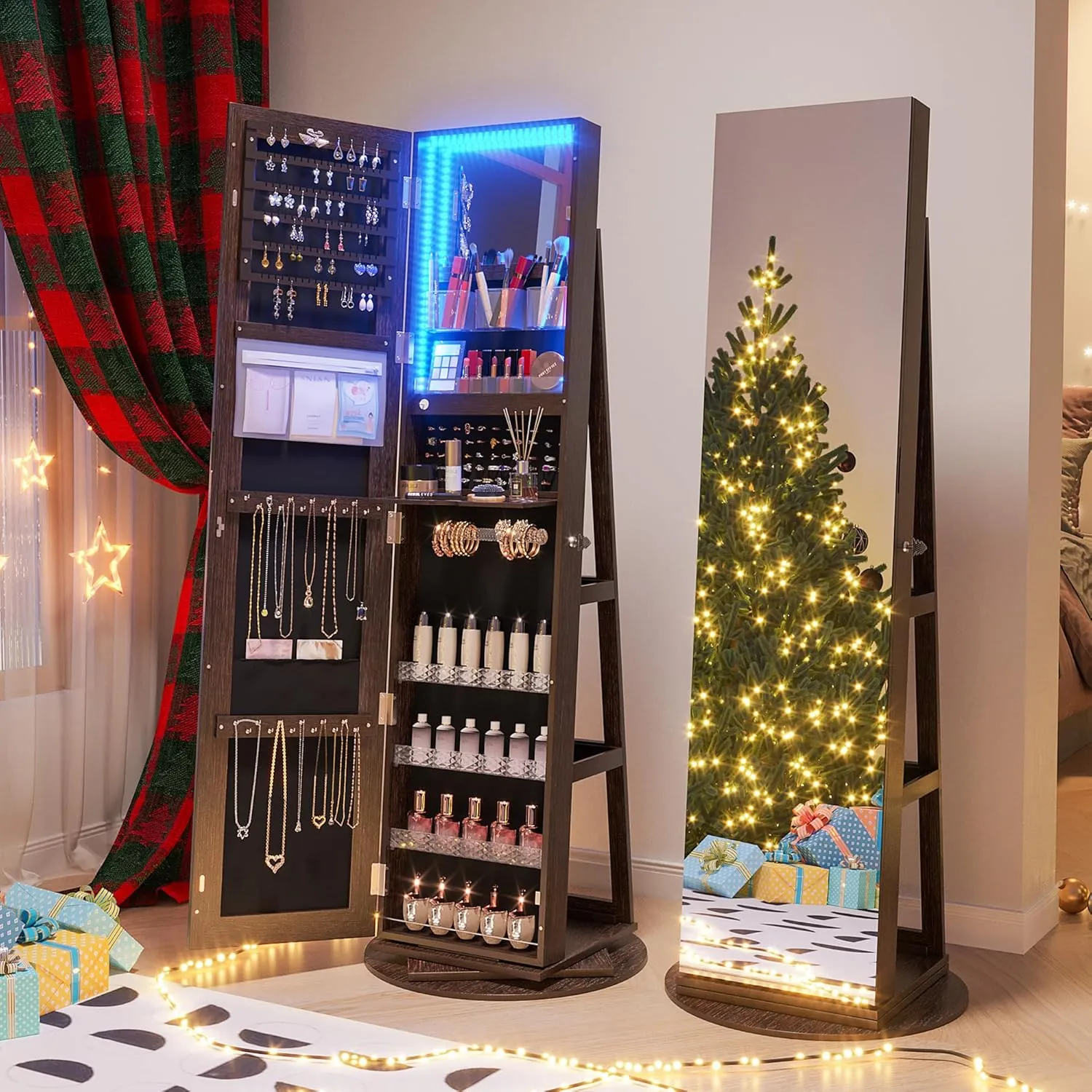 360 Rotating Jewelry Armoire with LED Lights, 63" H Full Length Mirror with Jewelry Storage, Standing Jewelry Cabinet with Door Mirror, Jewelry Organizers for Christmas Gift (Dark Brown)