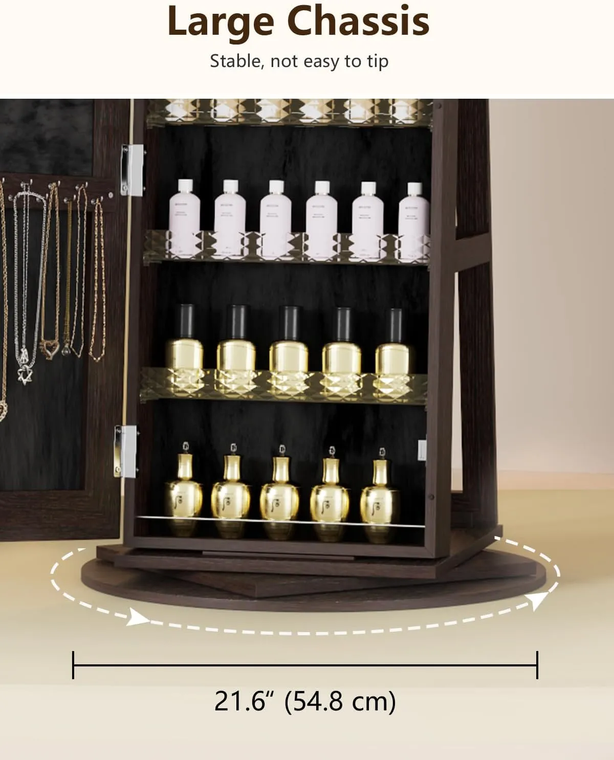 360 Rotating Jewelry Armoire with LED Lights, 63" H Full Length Mirror with Jewelry Storage, Standing Jewelry Cabinet with Door Mirror, Jewelry Organizers for Christmas Gift (Dark Brown)