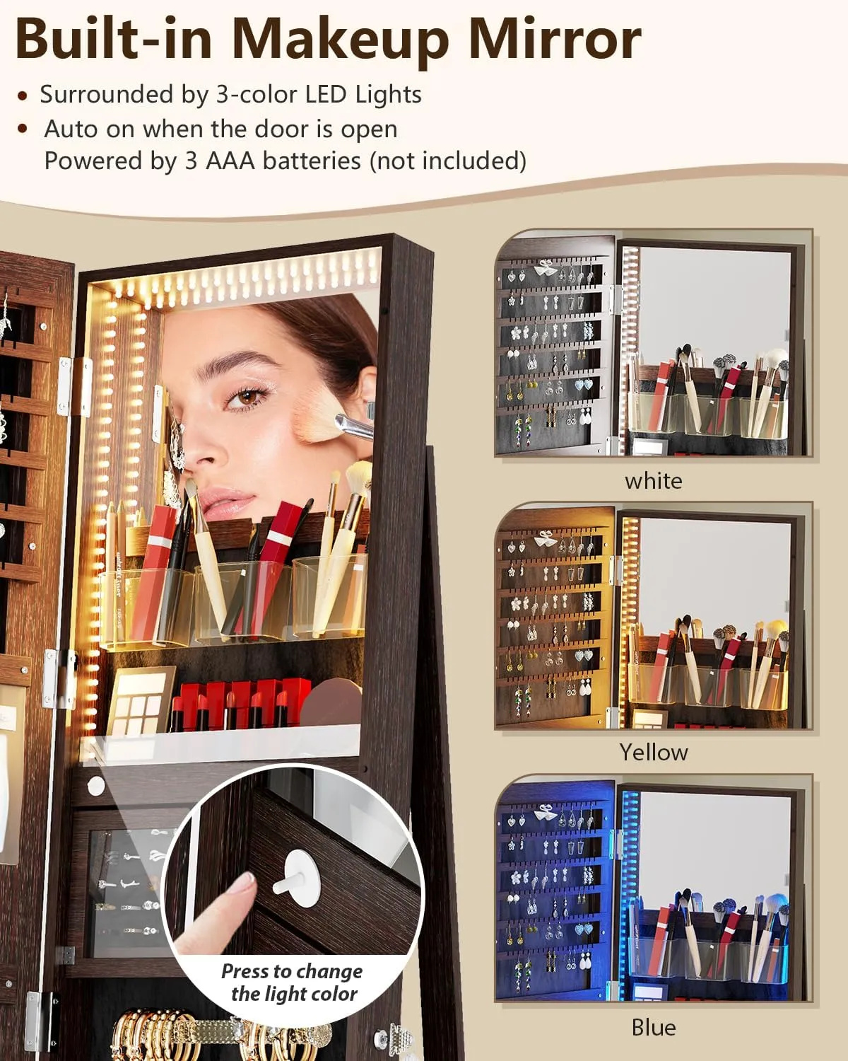 360 Rotating Jewelry Armoire with LED Lights, 63" H Full Length Mirror with Jewelry Storage, Standing Jewelry Cabinet with Door Mirror, Jewelry Organizers for Christmas Gift (Dark Brown)