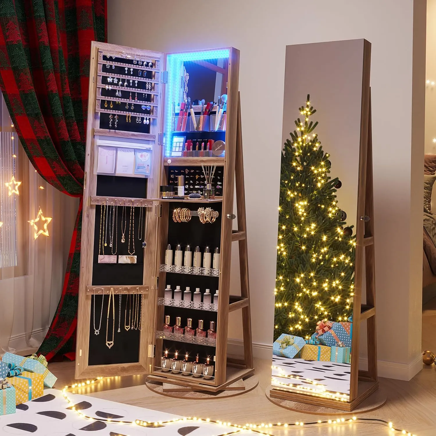 360 Rotating Jewelry Armoire with LED Lights, 63" H Full Length Mirror with Jewelry Storage, Standing Jewelry Cabinet with Mirror, Jewelry Organizers for Christmas Gift (Light Brown)