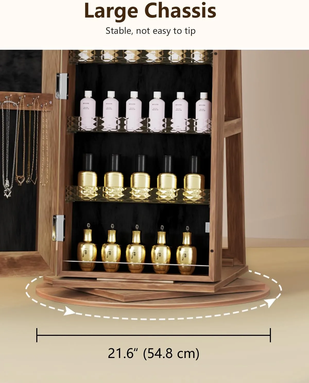 360 Rotating Jewelry Armoire with LED Lights, 63" H Full Length Mirror with Jewelry Storage, Standing Jewelry Cabinet with Mirror, Jewelry Organizers for Christmas Gift (Light Brown)