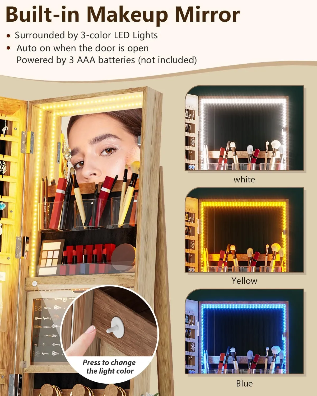 360 Rotating Jewelry Armoire with LED Lights, 63" H Full Length Mirror with Jewelry Storage, Standing Jewelry Cabinet with Mirror, Jewelry Organizers for Christmas Gift (Light Brown)