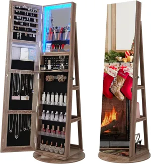 360 Rotating Jewelry Armoire with LED Lights, 63" H Full Length Mirror with Jewelry Storage, Standing Jewelry Cabinet with Mirror, Jewelry Organizers for Christmas Gift (Light Brown)