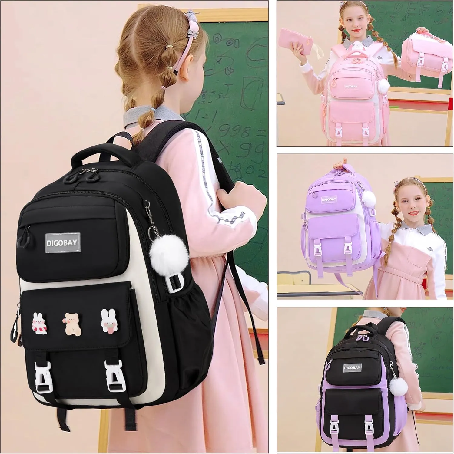 3PCS Girls Backpack for School, Large Kids Backpack for Girls with Lunch Box Pencil Case Set for Teen Girl Elementary Primary Middle High College School Bookbag with Cute Pins (Black-beige)
