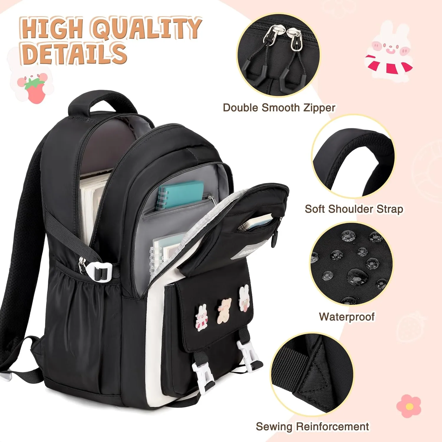 3PCS Girls Backpack for School, Large Kids Backpack for Girls with Lunch Box Pencil Case Set for Teen Girl Elementary Primary Middle High College School Bookbag with Cute Pins (Black-beige)