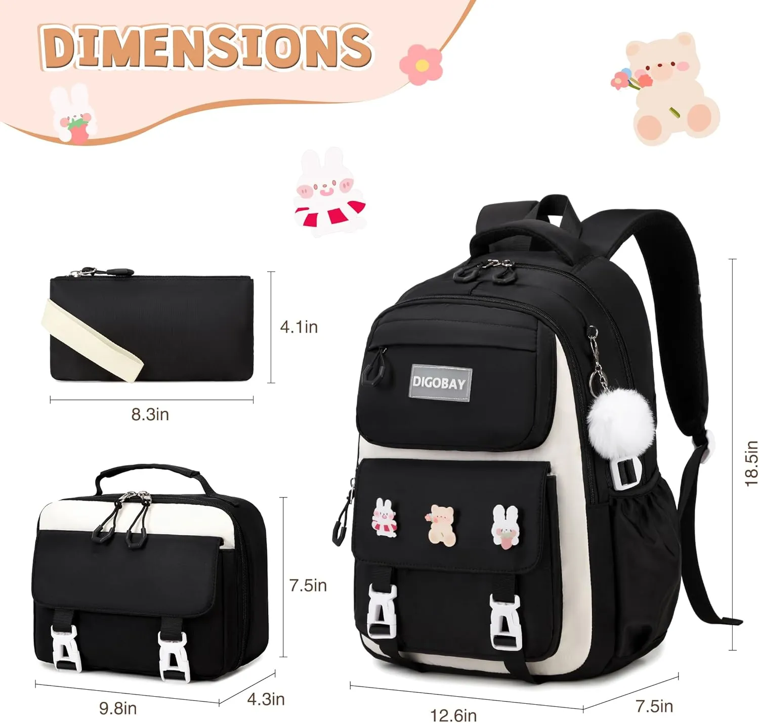 3PCS Girls Backpack for School, Large Kids Backpack for Girls with Lunch Box Pencil Case Set for Teen Girl Elementary Primary Middle High College School Bookbag with Cute Pins (Black-beige)