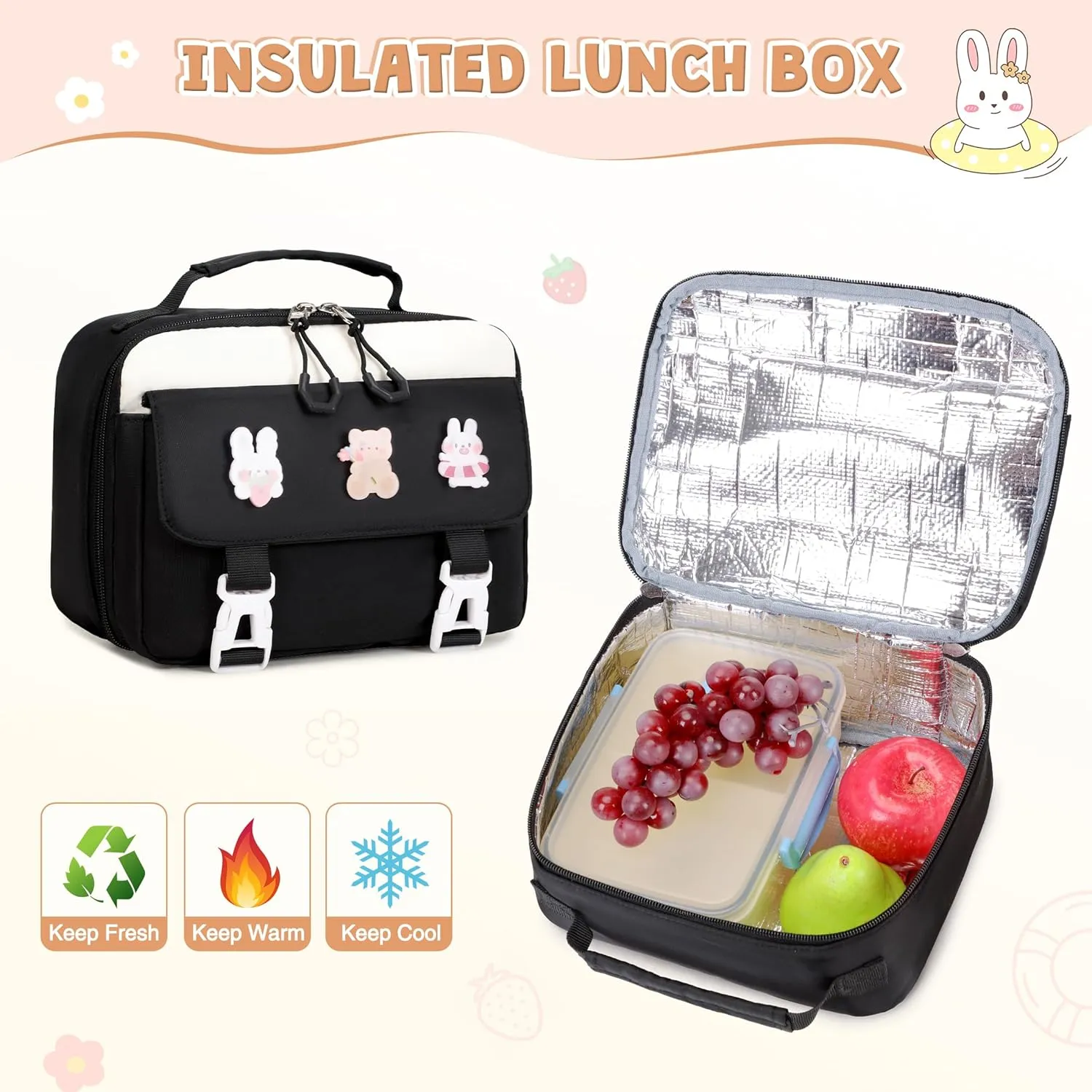 3PCS Girls Backpack for School, Large Kids Backpack for Girls with Lunch Box Pencil Case Set for Teen Girl Elementary Primary Middle High College School Bookbag with Cute Pins (Black-beige)
