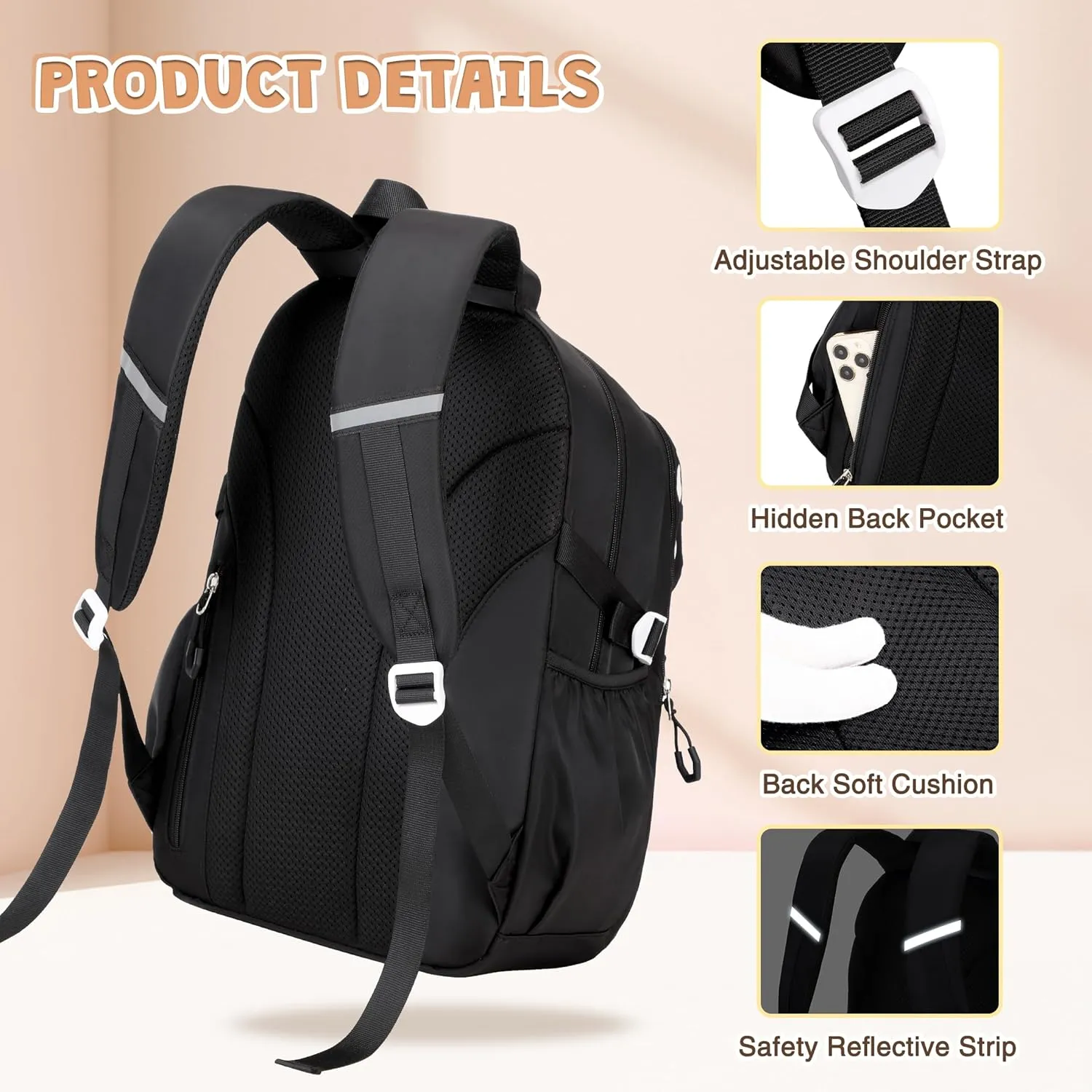 3PCS Girls Backpack for School, Large Kids Backpack for Girls with Lunch Box Pencil Case Set for Teen Girl Elementary Primary Middle High College School Bookbag with Cute Pins (Black-beige)