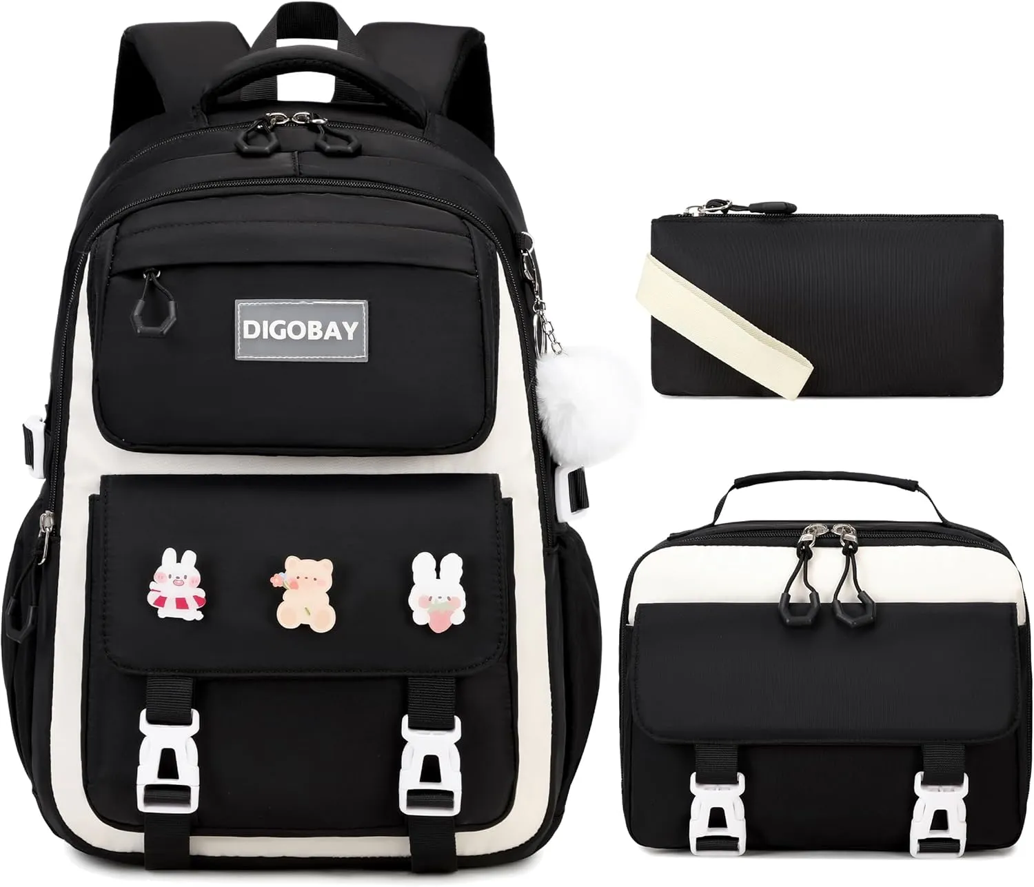 3PCS Girls Backpack for School, Large Kids Backpack for Girls with Lunch Box Pencil Case Set for Teen Girl Elementary Primary Middle High College School Bookbag with Cute Pins (Black-beige)