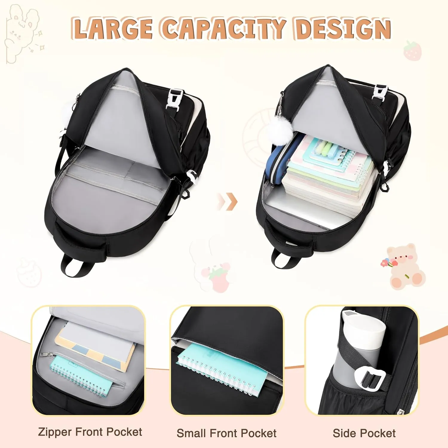 3PCS Girls Backpack for School, Large Kids Backpack for Girls with Lunch Box Pencil Case Set for Teen Girl Elementary Primary Middle High College School Bookbag with Cute Pins (Black-beige)