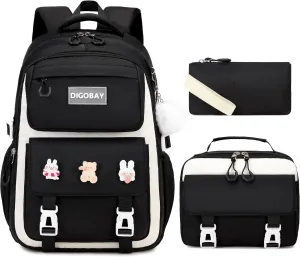 3PCS Girls Backpack for School, Large Kids Backpack for Girls with Lunch Box Pencil Case Set for Teen Girl Elementary Primary Middle High College School Bookbag with Cute Pins (Black-beige)