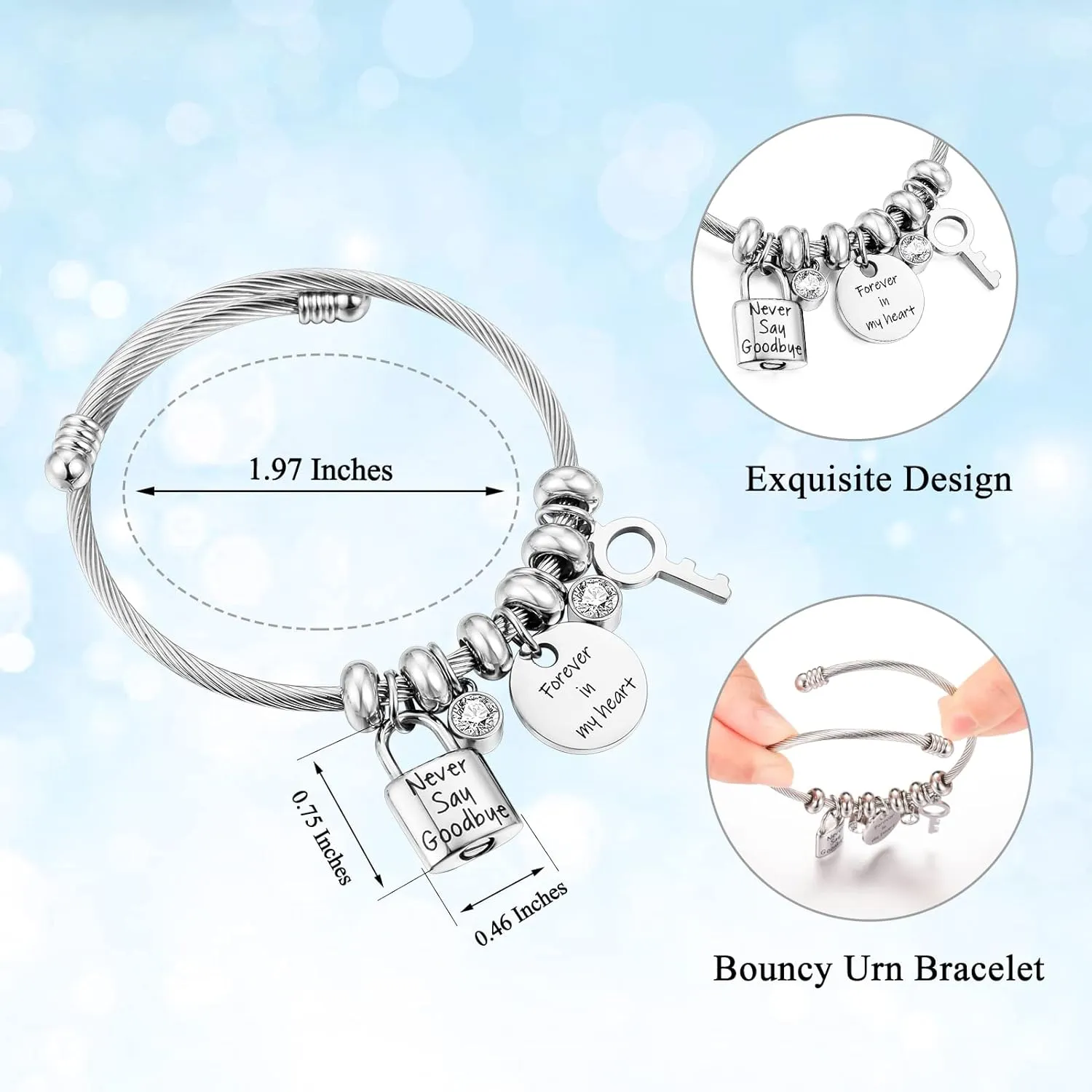 Abooxiu Lock Cremation Bracelet for Ashes - Stainless Steel Urn Bracelet for Women - Memorial Ashes Holder - Never Say Goodbye & Forever in my Heart
