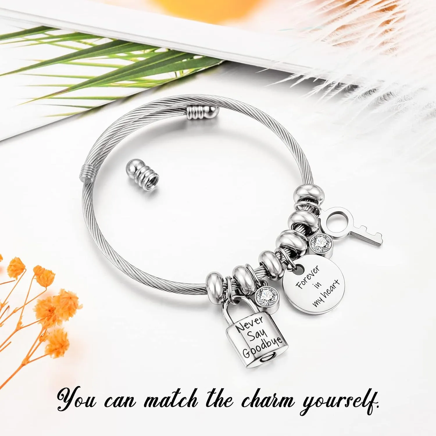 Abooxiu Lock Cremation Bracelet for Ashes - Stainless Steel Urn Bracelet for Women - Memorial Ashes Holder - Never Say Goodbye & Forever in my Heart