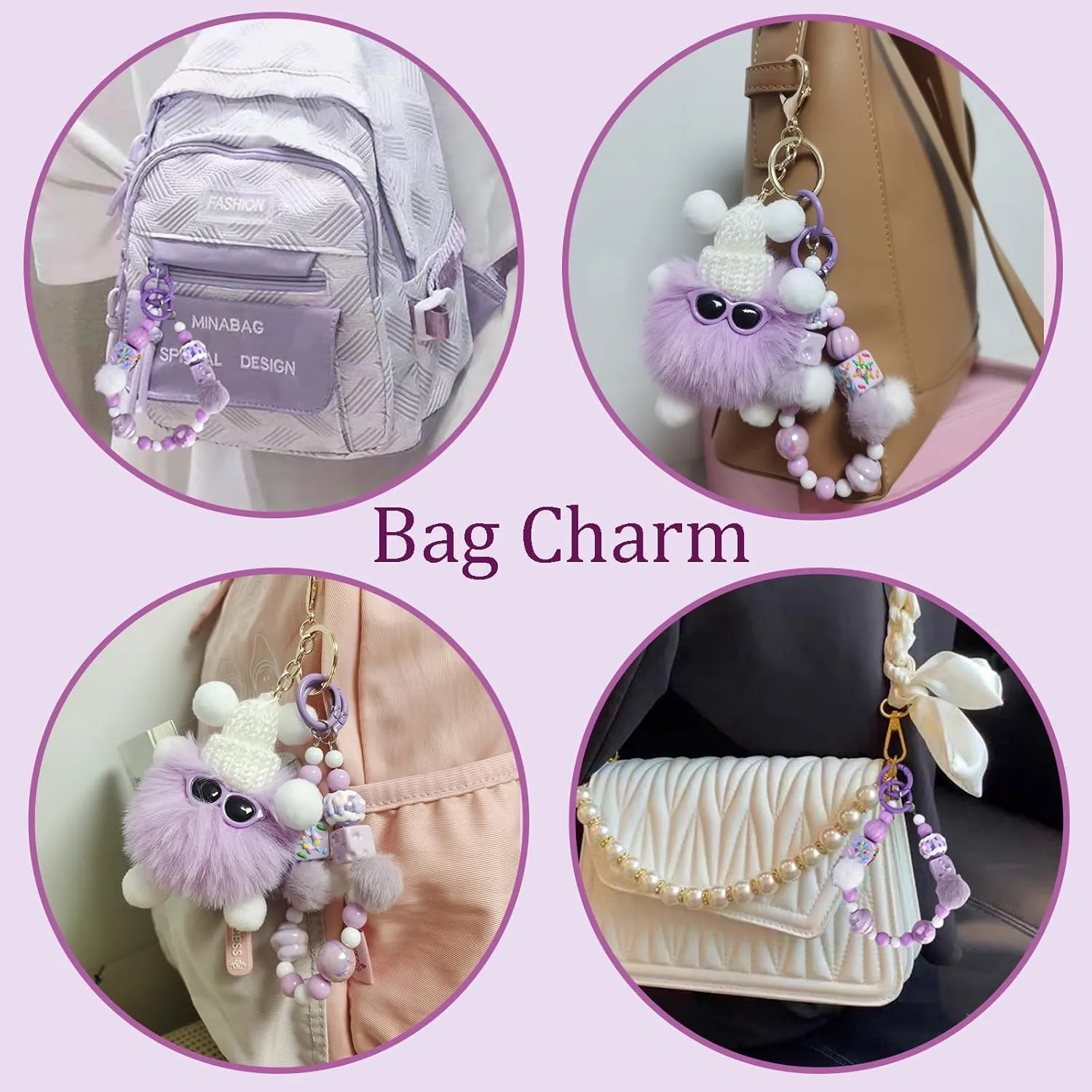 Bead Bag Charm for Women, Bag Charm for Handbags Purse Tote Backpack, Plush Pompom Keychain, Phone Wrist Strap
