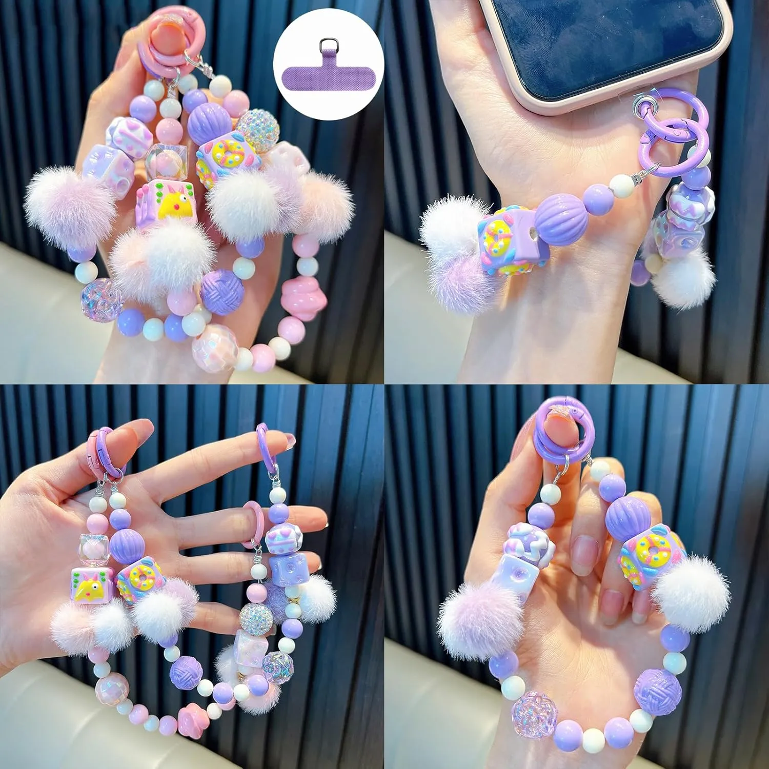 Bead Bag Charm for Women, Bag Charm for Handbags Purse Tote Backpack, Plush Pompom Keychain, Phone Wrist Strap