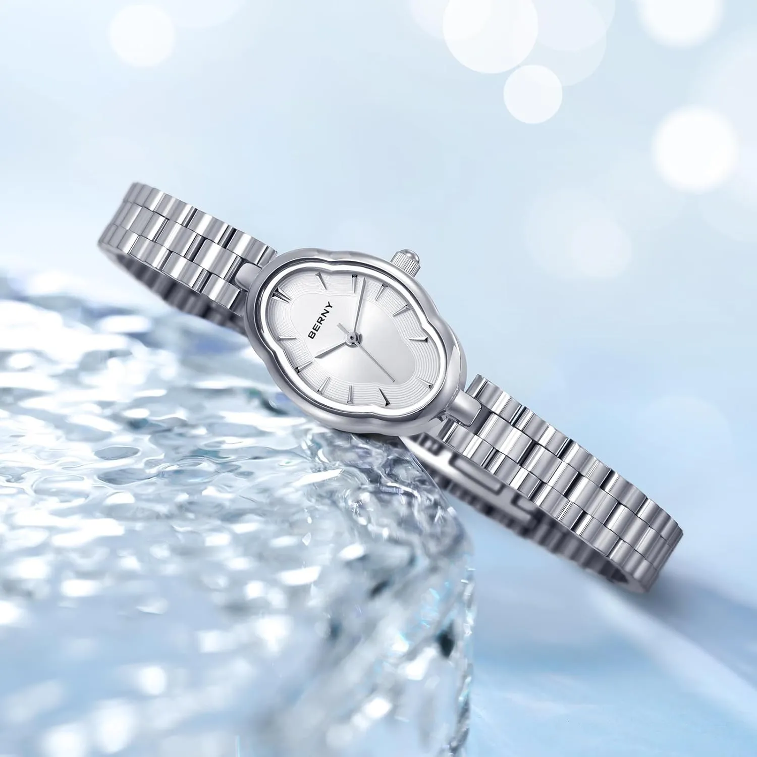 BERNY Silver Watches for Women Dainty Ladies Wristwatch Vintage Copper Mirrors Shape Japanese Quartz Movement 3ATM Waterproof All Stainless Steel Fashion Female Wrist Watch Birthday Gifts