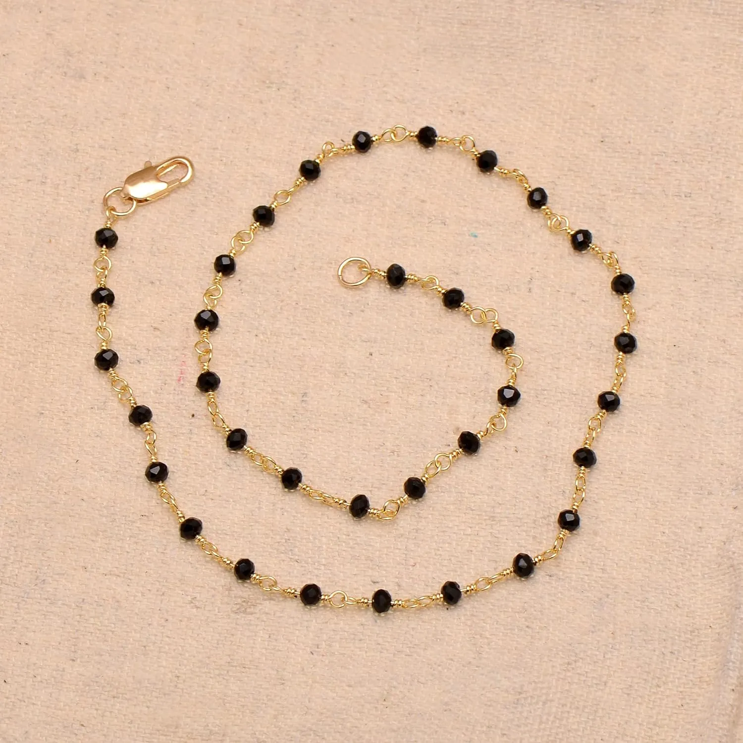 Black Beads Wrapped Golden Wire Long Chain Necklace for Women, 24 Inches