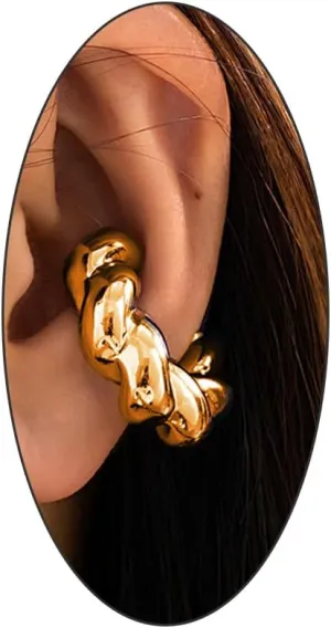 Chunky Gold Ear Cuff Earrings, 14K Gold Non Piercing Hollow Lightweight Clip On Cartilage Hoop Earrings Great Jewelry Gifts for Women