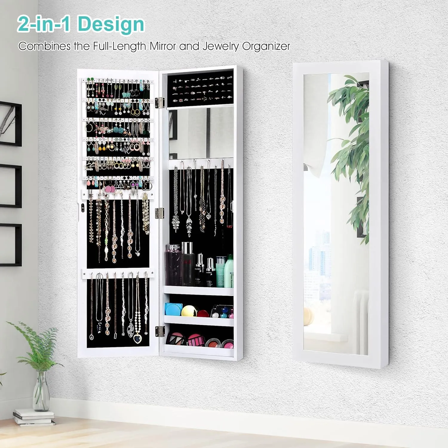 COSTWAY Full Length Mirror Jewelry Cabinet, Wall Door Mounted with Makeup Mirror, Ring Slots & Necklace Hooks, Large Storage Jewelry Armoire for Bedroom, Dressing Room (White)