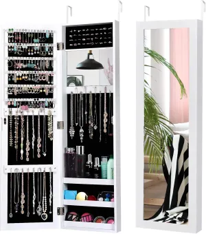 COSTWAY Full Length Mirror Jewelry Cabinet, Wall Door Mounted with Makeup Mirror, Ring Slots & Necklace Hooks, Large Storage Jewelry Armoire for Bedroom, Dressing Room (White)