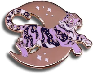 Cute Purple Tiger In The Sky Moon Stars Enamel Pin Novelty Brooch Buttons Jewelry for Jackets Jeans Backpack Cloth Lapel Bag Hat Gift for Women Girl