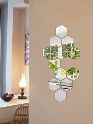 DecorWear 12 Hexagon Mirror Silver Plastic Wall Stickers for Wall Size (10.5x12.1) Cm Acrylic Mirror Wall Decor Sticker, Wall Mirror Stickers, 3D Hexagonal Mirror Wall Sticker (B-12HexaSilver)