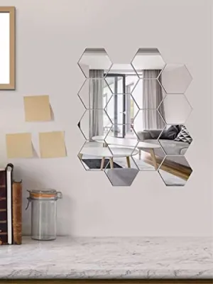 DecorWear 16 Hexagon Mirror Silver Plastic Wall Stickers for Wall Size (10.5x12.1) Cm Acrylic Mirror Wall Decor Sticker, Wall Mirror Stickers, 3D Hexagonal Mirror Wall Sticker (A-16HexaSilver)