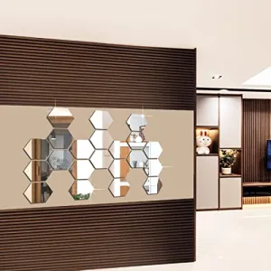 DecorWear 21 Hexagon Mirror Silver Plastic Wall Stickers for Wall Size (10.5x12.1) Cm Acrylic Mirror Wall Decor Sticker, Wall Mirror Stickers, 3D Hexagonal Mirror Wall Sticker (C-21HexaSilver)