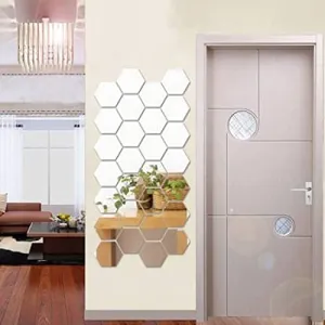 DecorWear 28 Hexagon Mirror Silver Plastic Wall Stickers for Wall Size (10.5x12.1) Cm Acrylic Mirror Wall Decor Sticker, Wall Mirror Stickers, 3D Hexagonal Mirror Wall Sticker (B-28HexaSilver)