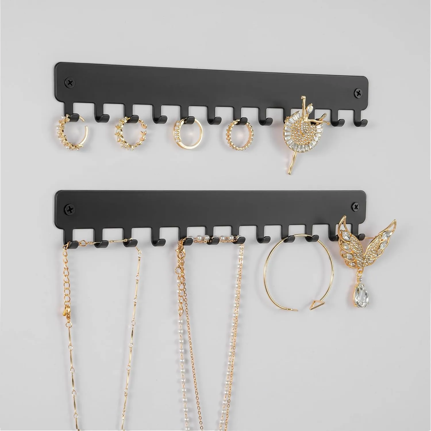 Drill-In Necklace Organizer: Sturdy Necklace Holder Wall Mounted with Hooks for Tangle-Free Jewelry Storage  Space-Saving Wall Necklace Hanger, Black, 2 PCS