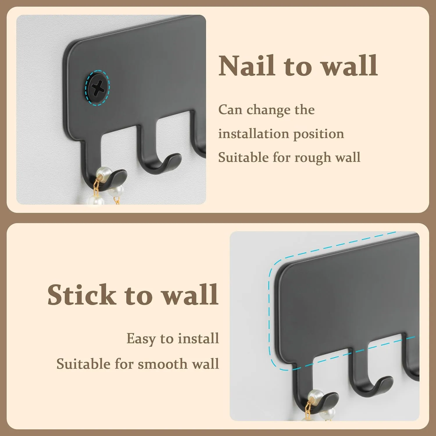 Drill-In Necklace Organizer: Sturdy Necklace Holder Wall Mounted with Hooks for Tangle-Free Jewelry Storage  Space-Saving Wall Necklace Hanger, Black, 2 PCS
