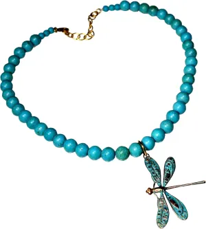 Elaine Coyne Wearable Art Verdigris Patina Wearable Art Decorative Dragonfly Necklace - Turquoise