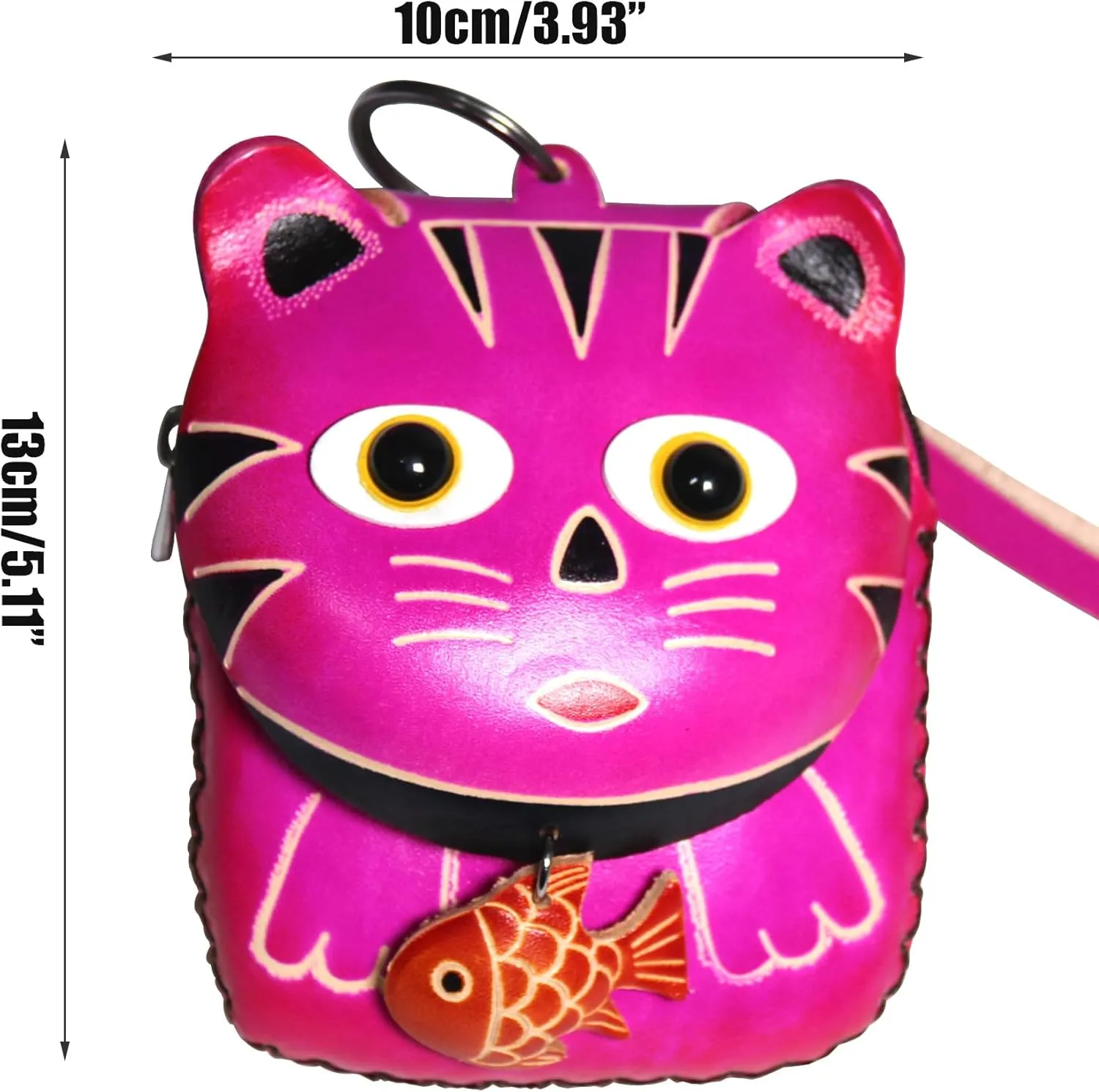 Handmade Cute Waller for Women Kids, 3D Leather Coin Purse Keychain, Small Change Purse Bey Earphone Bag with Wrist Strap, Rose Cat