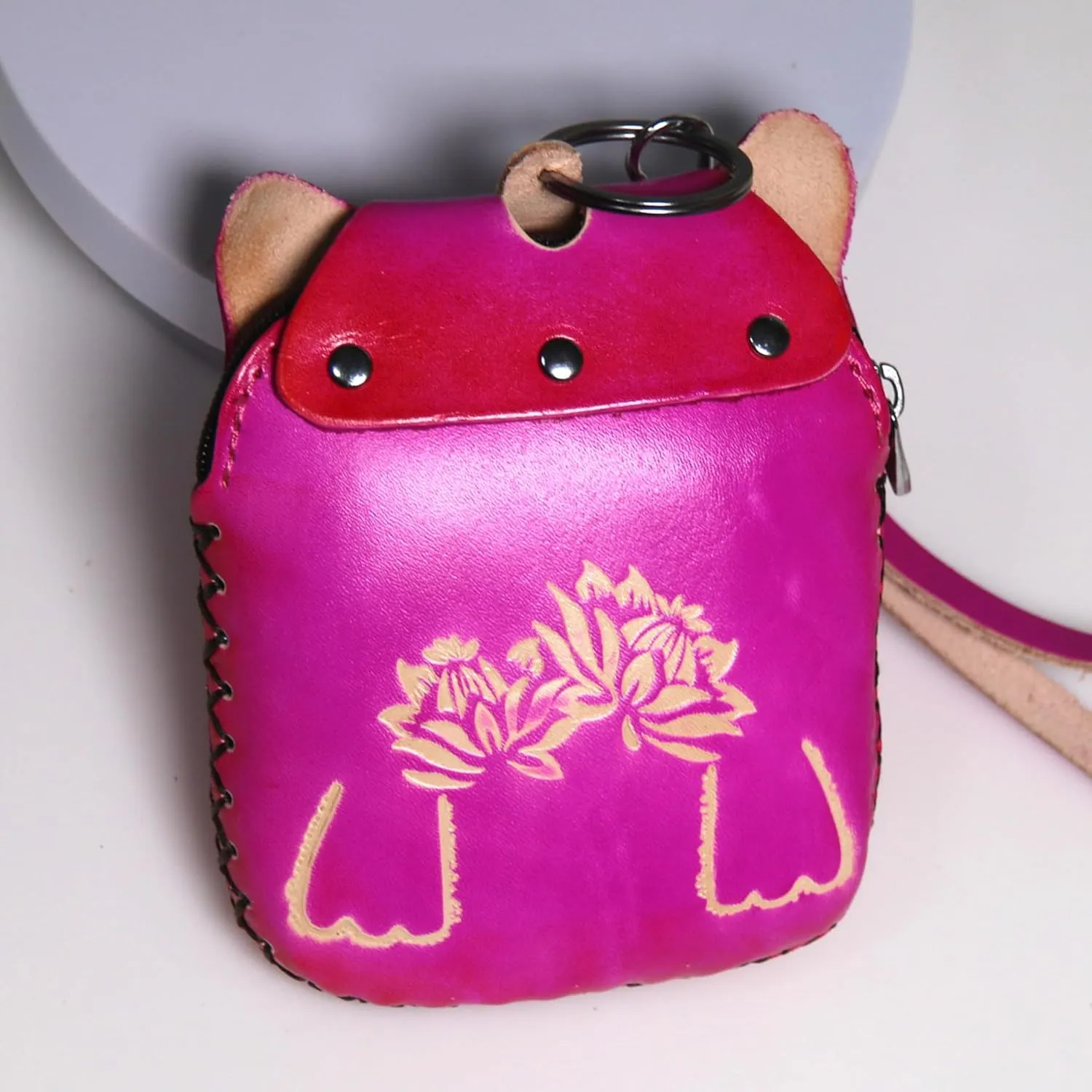Handmade Cute Waller for Women Kids, 3D Leather Coin Purse Keychain, Small Change Purse Bey Earphone Bag with Wrist Strap, Rose Cat
