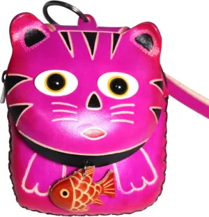 Handmade Cute Waller for Women Kids, 3D Leather Coin Purse Keychain, Small Change Purse Bey Earphone Bag with Wrist Strap, Rose Cat