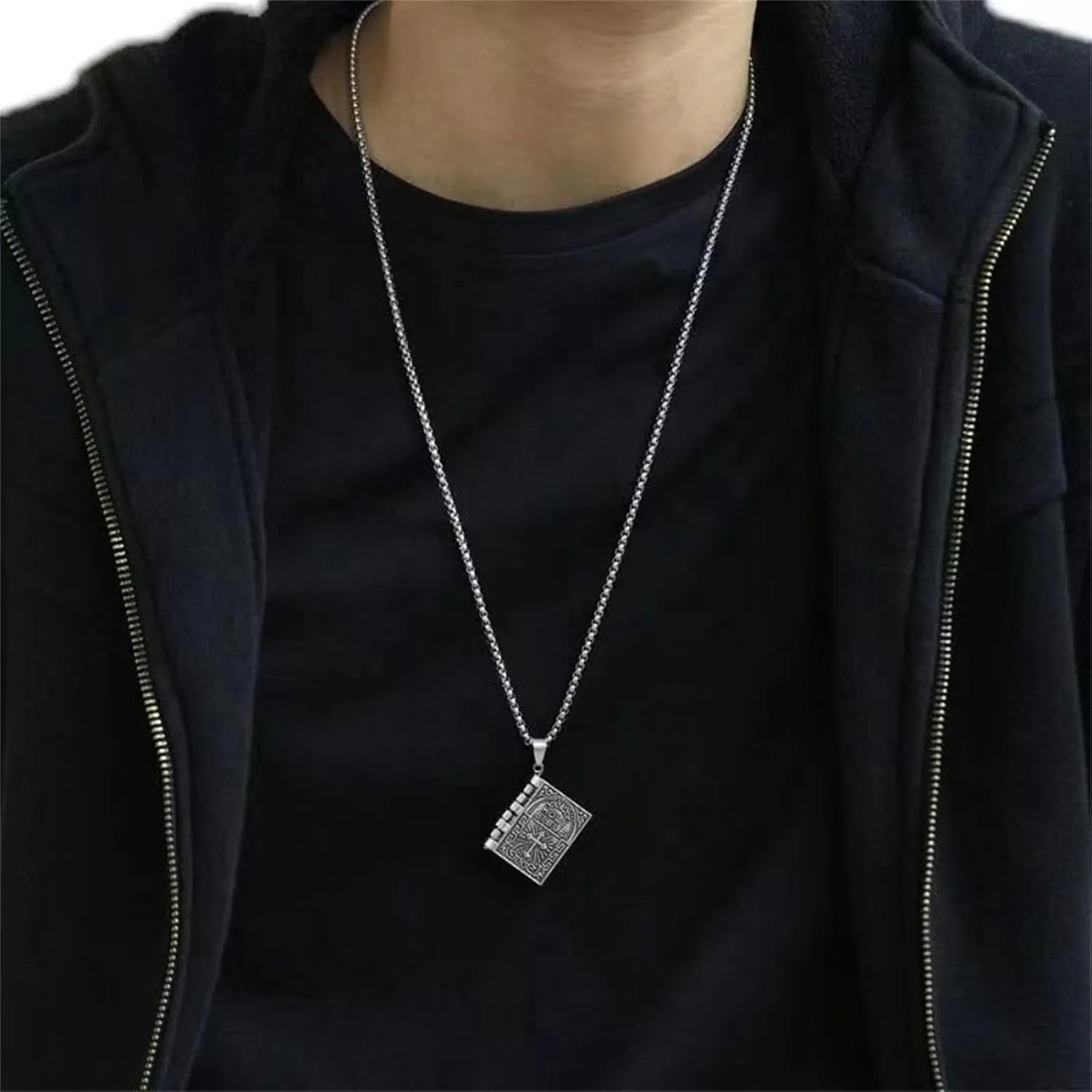 Holy Bible Book Pendant Necklace for Men Women Stainless Steel Hypoallergenic Retro Scripture Miniature Readable Bible Openable Prayer Verse Adjustable Chain Necklace for Religious Christian Jewelry Gifts