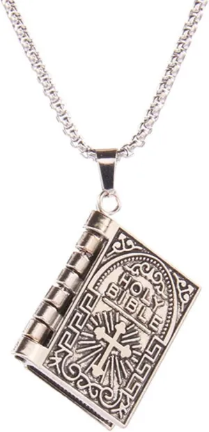 Holy Bible Book Pendant Necklace for Men Women Stainless Steel Hypoallergenic Retro Scripture Miniature Readable Bible Openable Prayer Verse Adjustable Chain Necklace for Religious Christian Jewelry Gifts