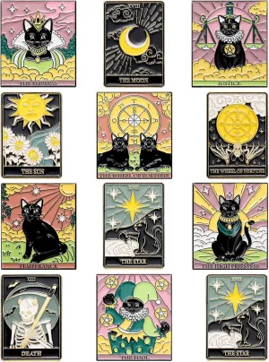 Kacctyen 12 Pieces Tarot Card Enamel Pins Set Divination Lapel Pins Black Cat Lapel Badge for Backpacks Bag Clothing
