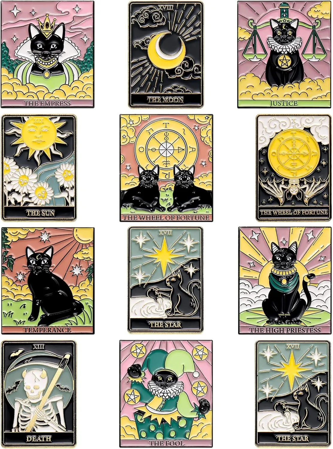 Kacctyen 12 Pieces Tarot Card Enamel Pins Set Divination Lapel Pins Black Cat Lapel Badge for Backpacks Bag Clothing