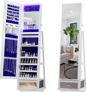 Lvifur 360 Rotating Jewelry Armoire, Full Length Mirror Large Capacity 3 Color Dimmable Jewelry Organizer Armoire, Lockable Floor Standing Mirror with Rear Storage for Bedroom, Cloakroom