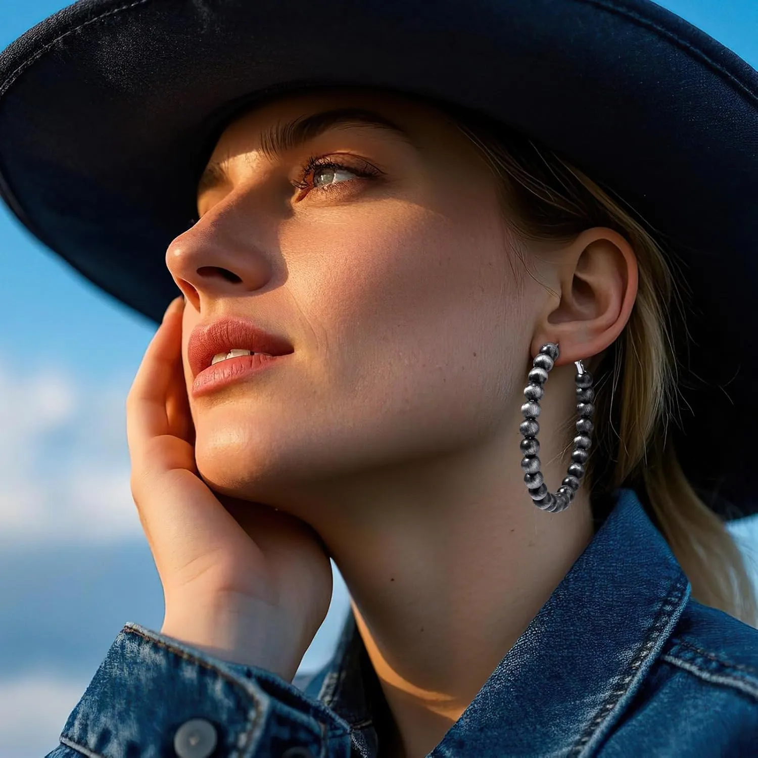 Navajo Pearls Dangle Chunky Hoop Earrings for Women Hypoallergenic Vintage Western Cowgirl Jewelry-Large