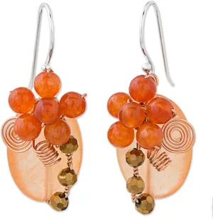 NOVICA Artisan Crafted Quartz Dangle Earrings | Sterling Silver Orange Glass Bead | Long Copper Wire | Lead & Nickel Free | Dyed Quartz Birthstone | Thailand 'Garden Bliss in Orange' 1.4" L x 0.6" W