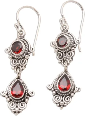 NOVICA Artisan Crafted Sterling Silver Garnet Dangle Earrings | Long French Wire Hook | Garnet Gemstone | Hypoallergenic Jewelry | Lead & Nickel Free | Indonesia 'Traditional Ways' 2" L x 0.5" W x