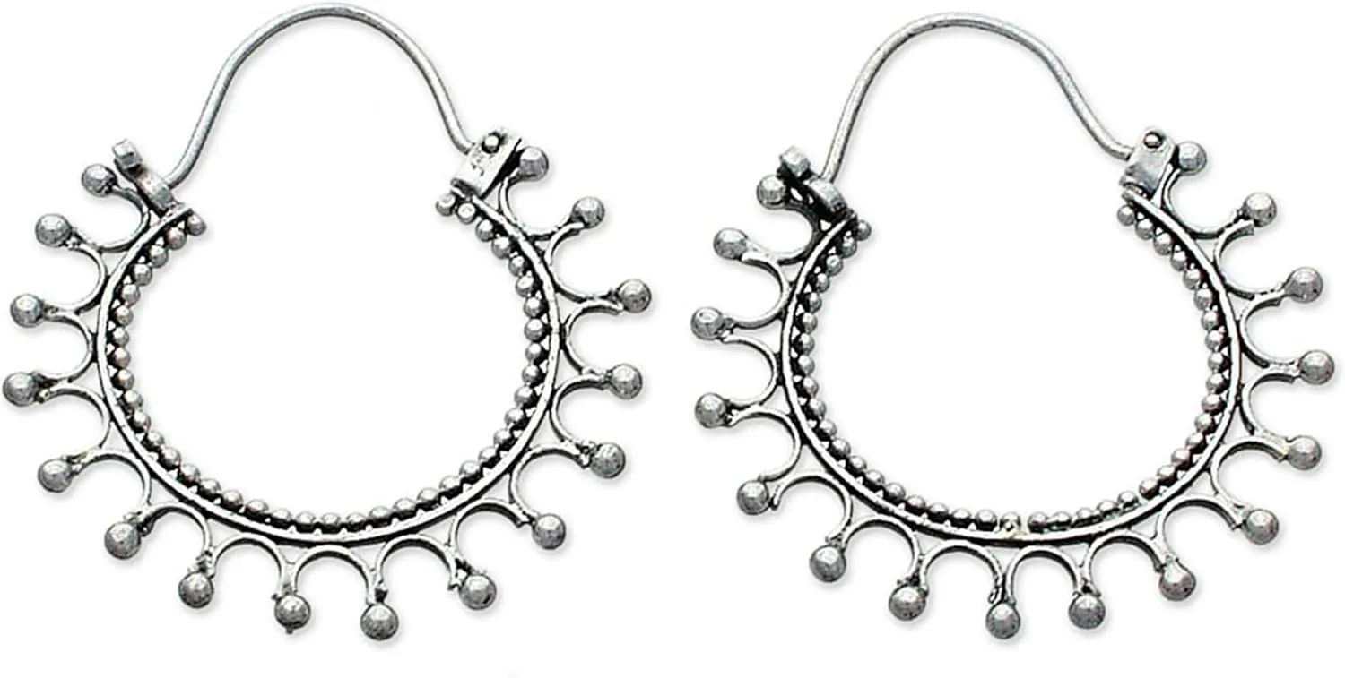 NOVICA Artisan Crafted Sterling Silver Hoop Earrings | Snap Down | Handcrafted Vintage Design | No Gemstone | Hypoallergenic Jewelry | Lead & Nickel Free | Indonesia ' Midnight Rapture' 1.6" L x 1.4"