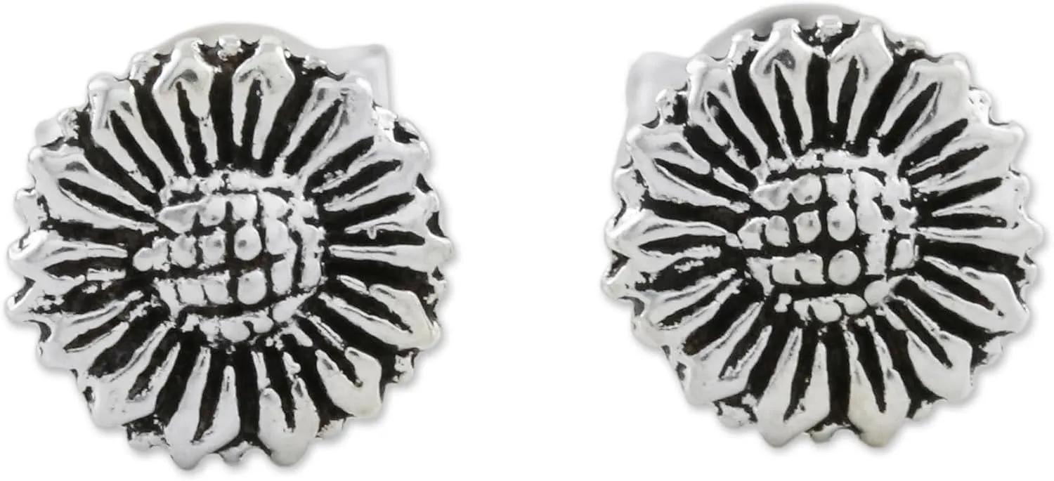 NOVICA Artisan Crafted Sterling Silver Sunflower Stud Earrings | Push Back | High Polish Finishing | No Gemstone | Floral Stud | Hypoallergenic Jewelry | Lead & Nickel Free | Thailand ' Cute